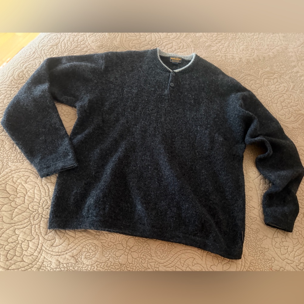 Woolrich Dark Charcoal Wool Quarter Button Crew Neck Pullover Sweater, Size XL